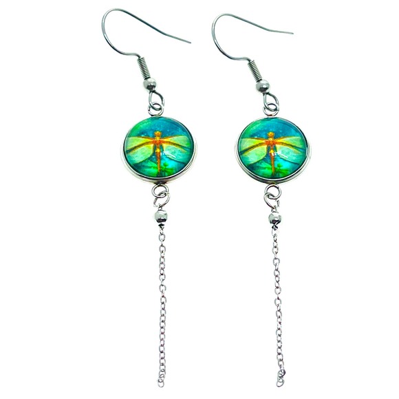 Emerald Dragonfly Chain Dangler Earrings - Picture 3 of 5